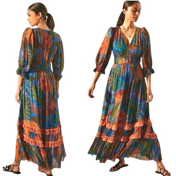 FARM Rio NWT Puff Sleeve Maxi Dress Floral Print V Neck Ruffle Hem - Picture 1 of 14